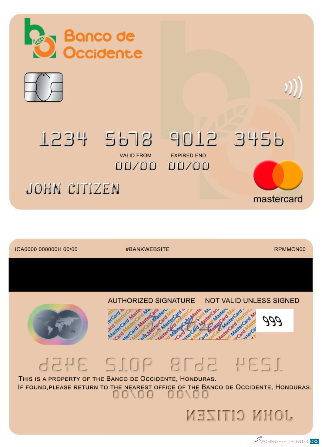 Download Honduras Banco de Occidente mastercard Photoshop template